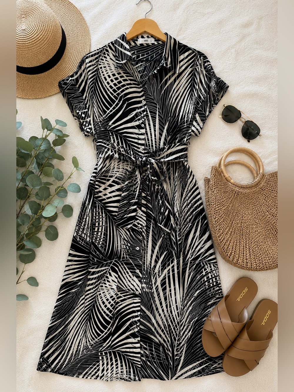 MNG Mango Black & White Tropical Leaf Print Midi Shirt Dress | Tie Waist